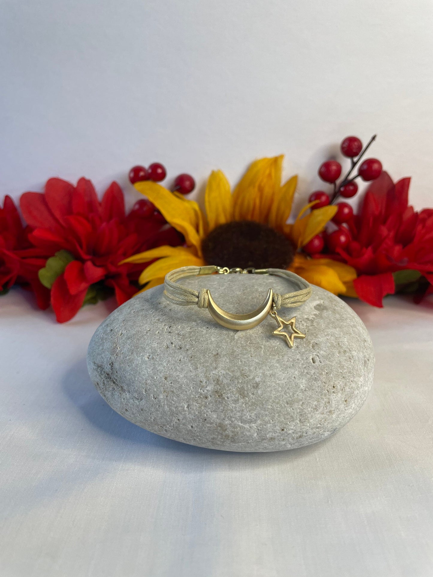 Moon & Star, Beige Hemp, Gold Metal Inspirational Bracelet.