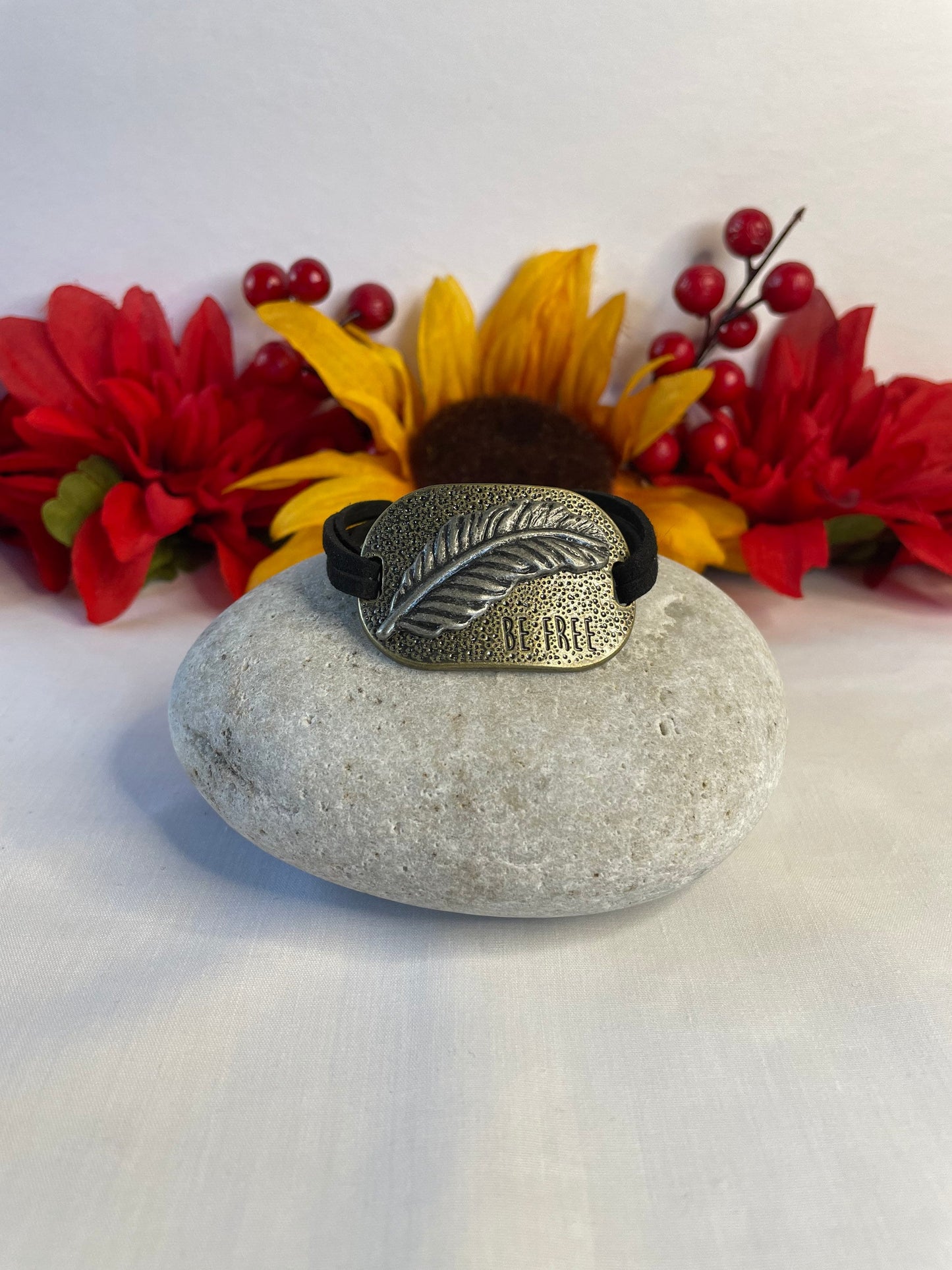 Be Free, Black Suede Metal Inspirational Quoted Bracelet.