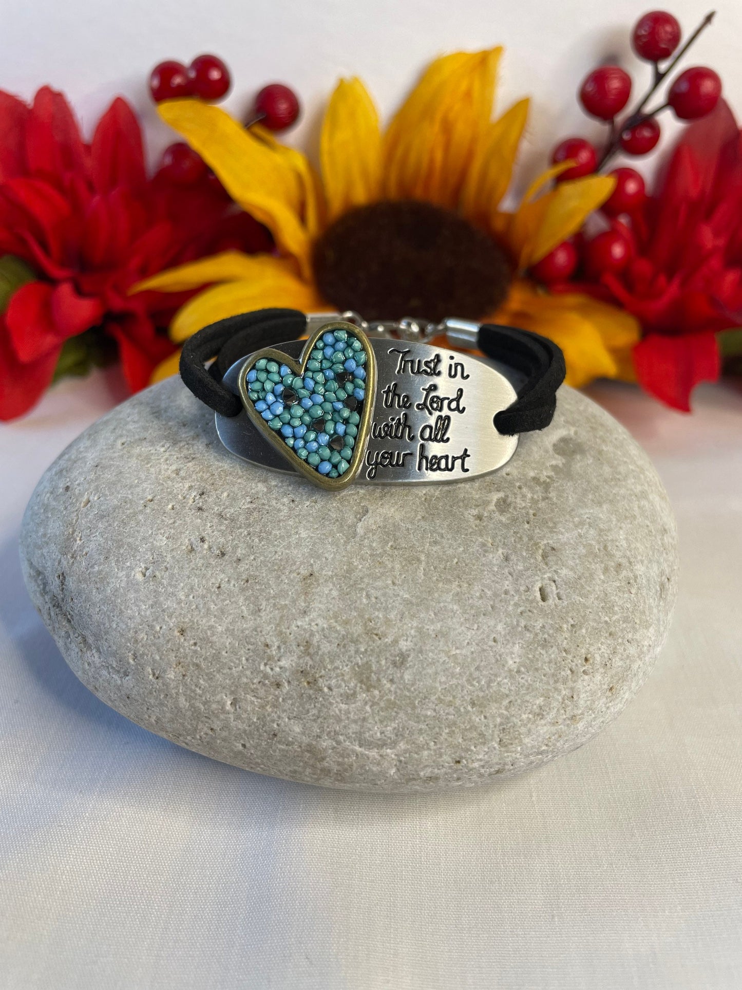Trust In The Lord w/All Your Heart, Black Suede Metal Inspirational Quote Bracelet.