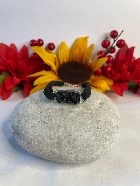 Black Obsidian, Antique Silver Plated,Black Suede Inspirational Bracelet.