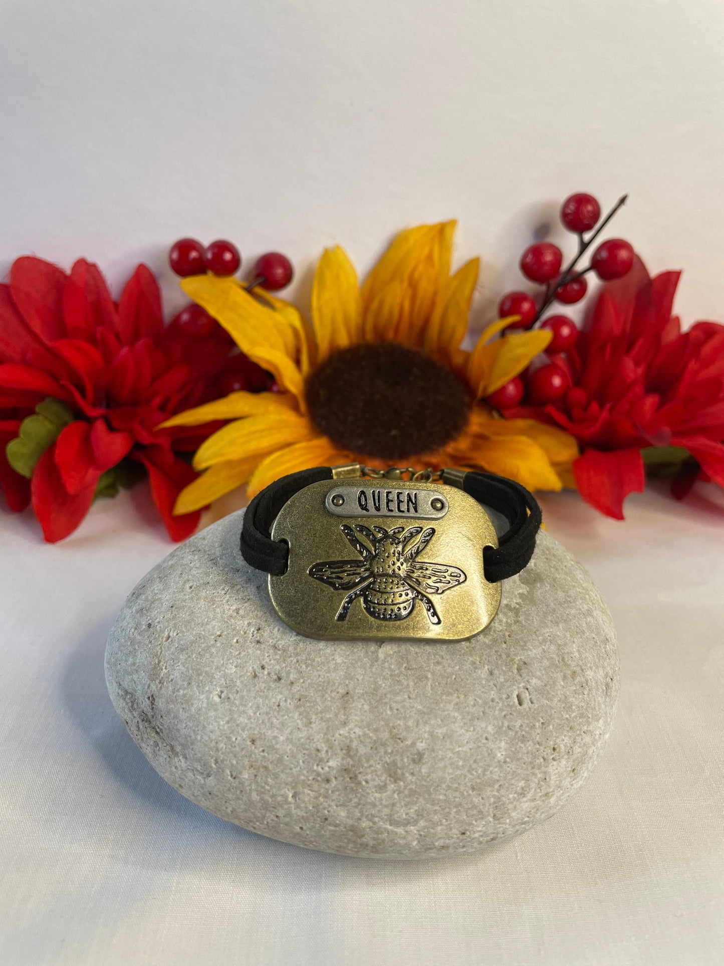Queen, Black Suede Metal Inspirational Bracelet.