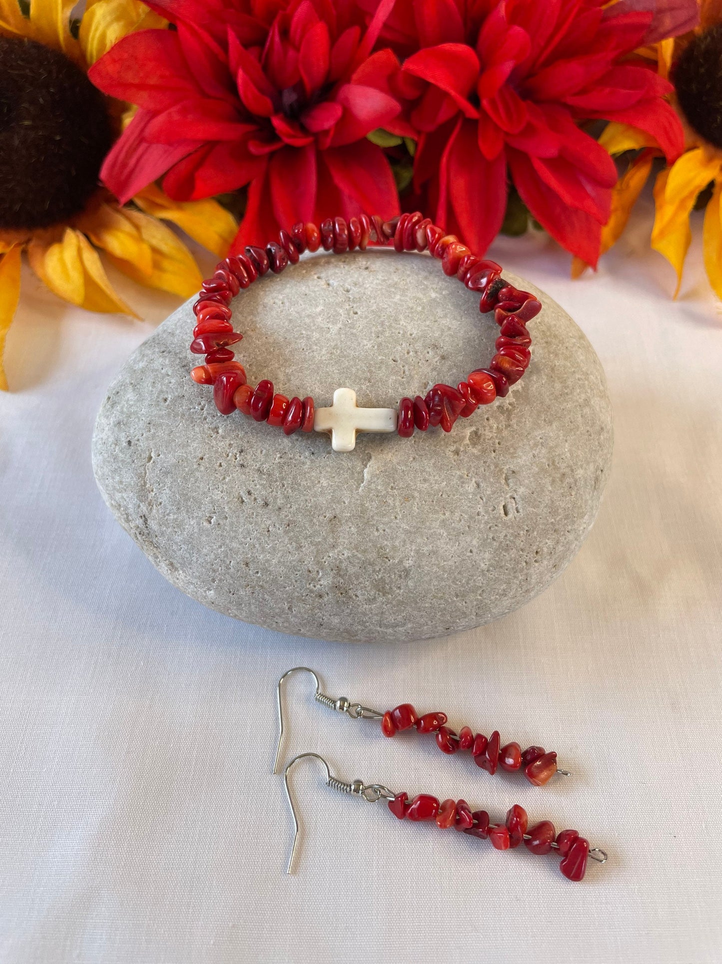 Red Bamboo Coral Chips, w/Reconstituted White Cross Stone, Healing Bracelet w/Earrings.