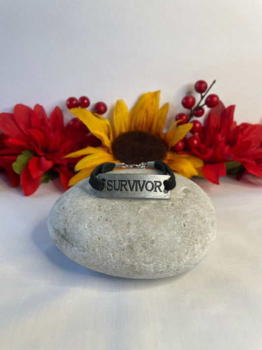 Survivor, Blk Suede Metal Inspirational Quoted Bracelet.