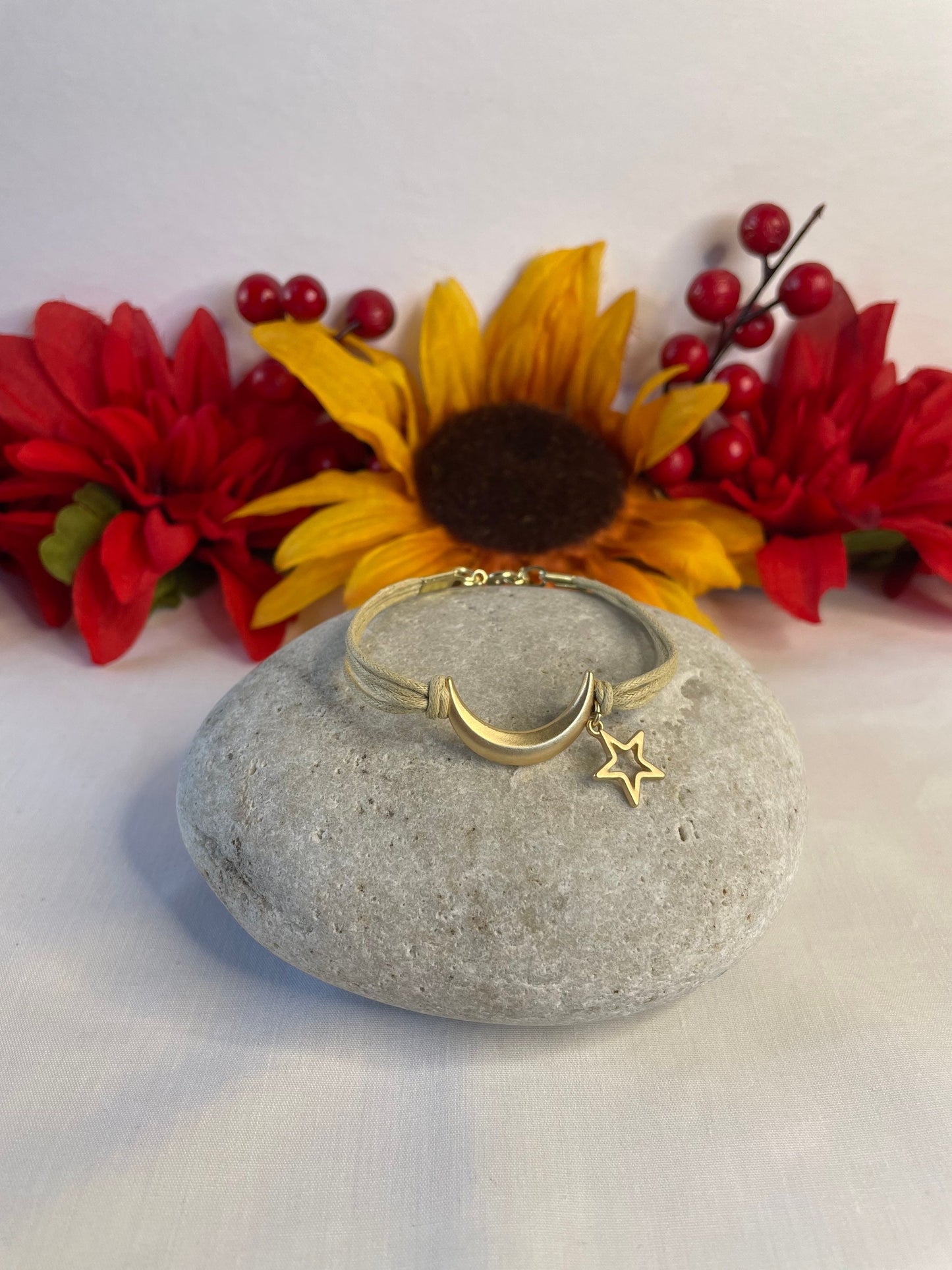 Moon & Star, Beige Hemp, Gold Metal Inspirational Bracelet.
