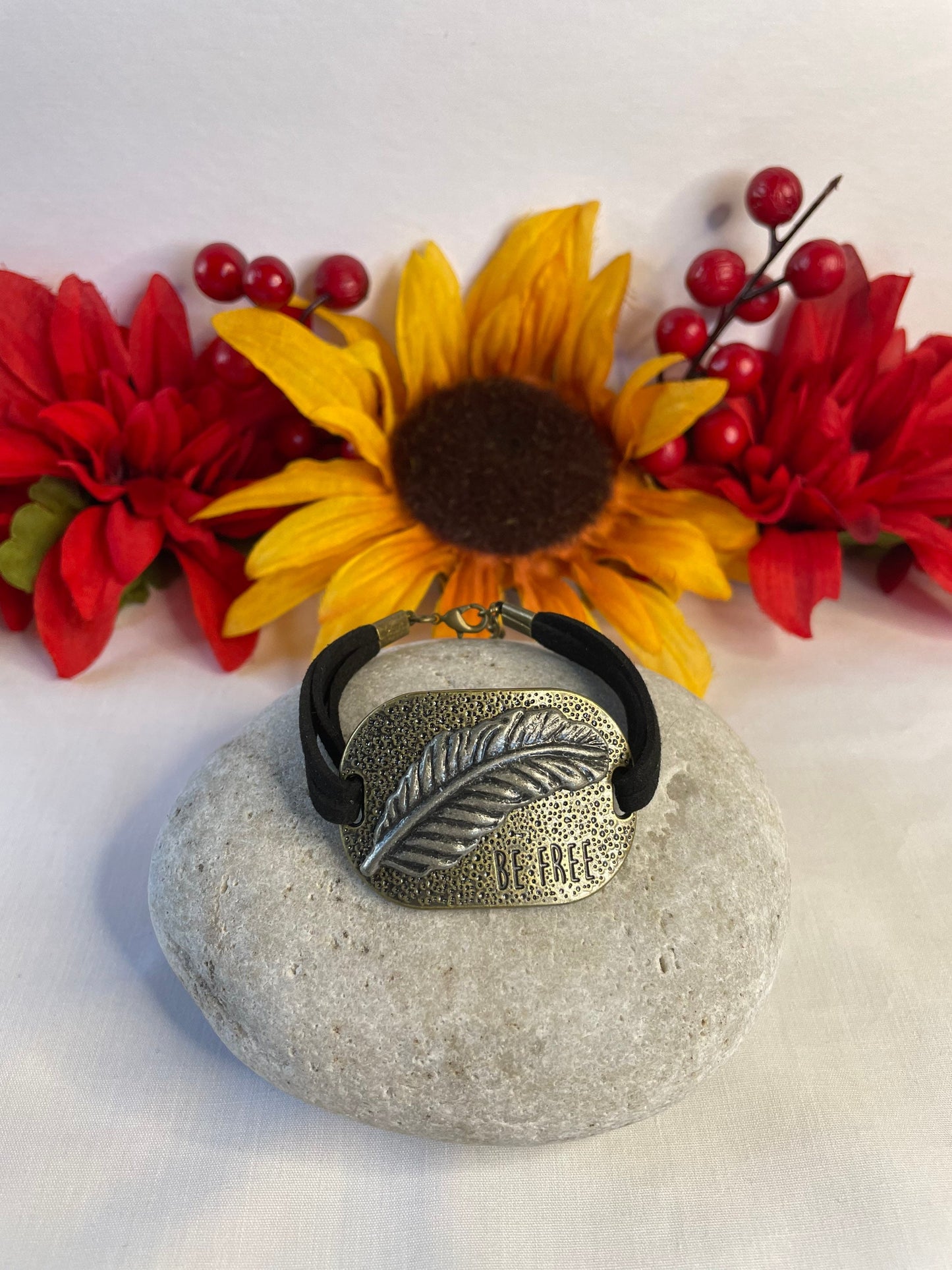 Be Free, Black Suede Metal Inspirational Quoted Bracelet.