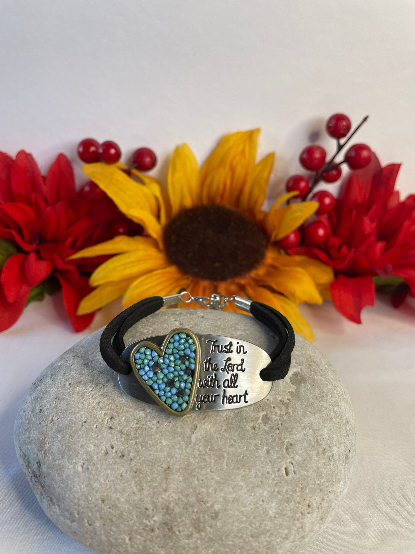 Trust In The Lord w/All Your Heart, Black Suede Metal Inspirational Quote Bracelet.