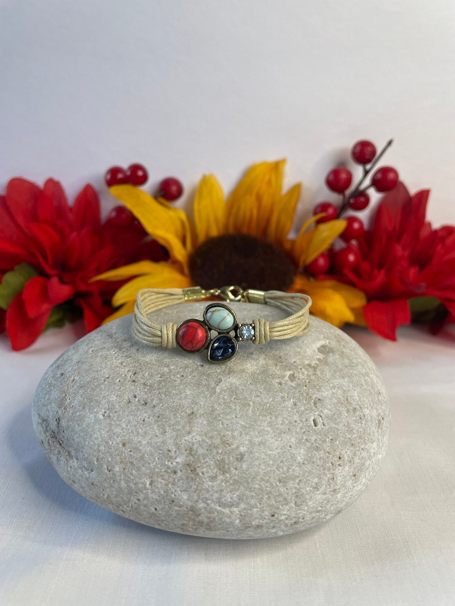 Triple Cabochon w/Stone, Beige Hemp, Inspirational Quoted Bracelet.