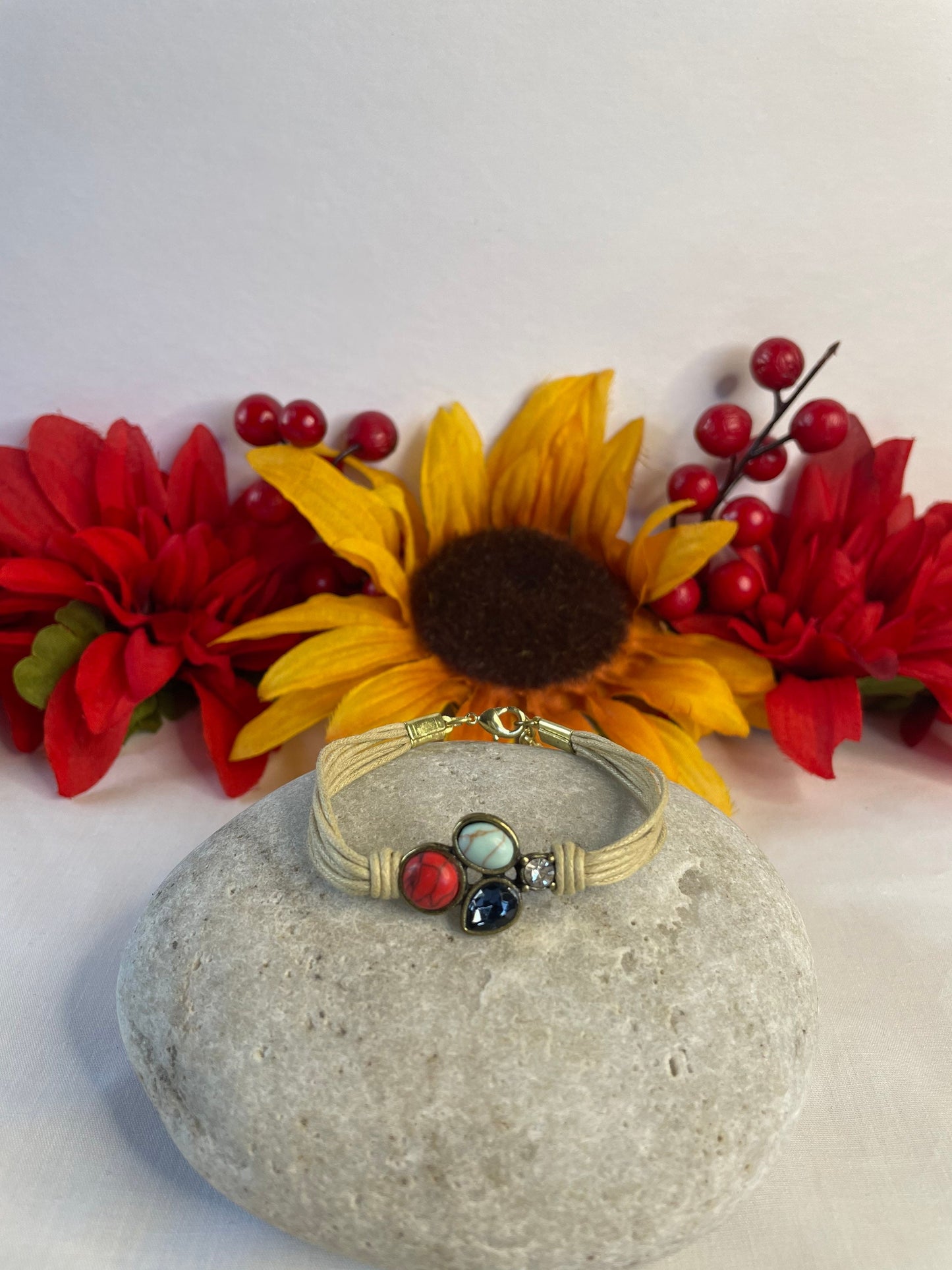 Triple Cabochon w/Stone, Beige Hemp, Inspirational Quoted Bracelet.