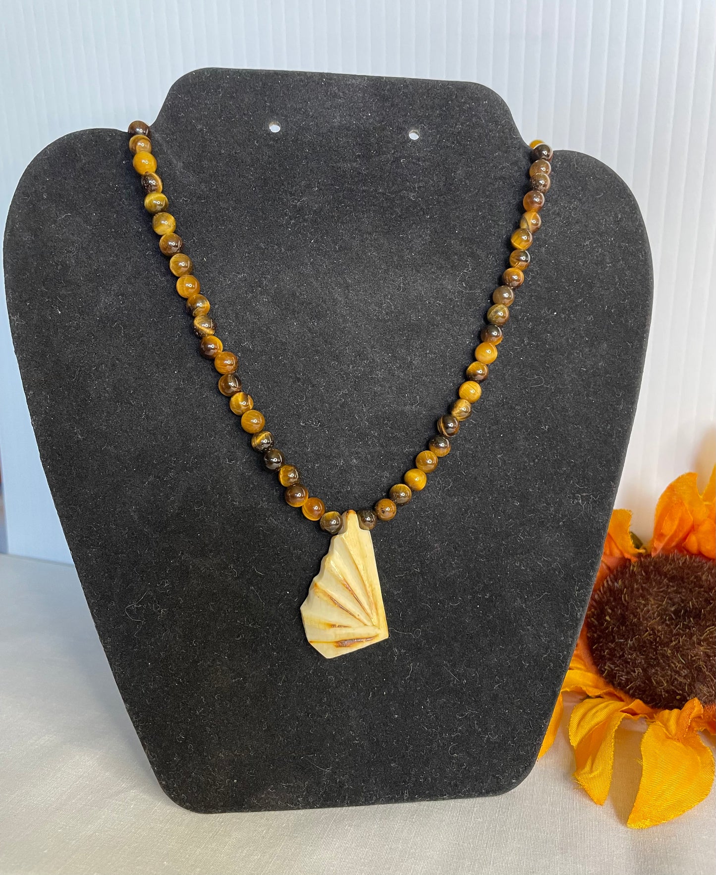 Tiger Eye Stones w/Carved Ivory Pendant, Healing Necklace.