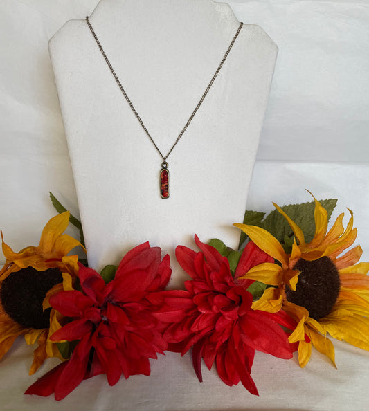 Red Bamboo Coral, Antique Copper Plated Necklace.