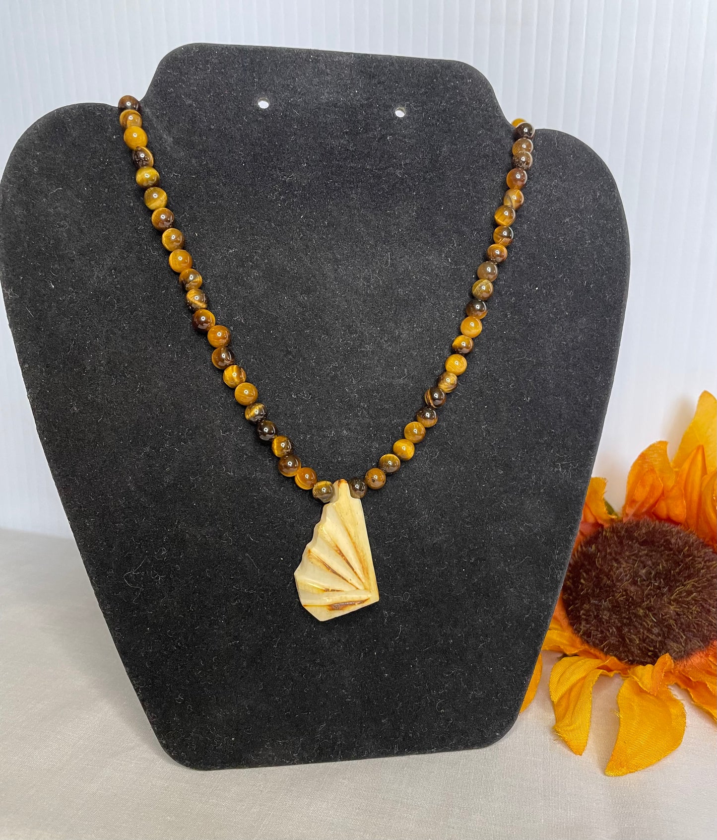 Tiger Eye Stones w/Carved Ivory Pendant, Healing Necklace.