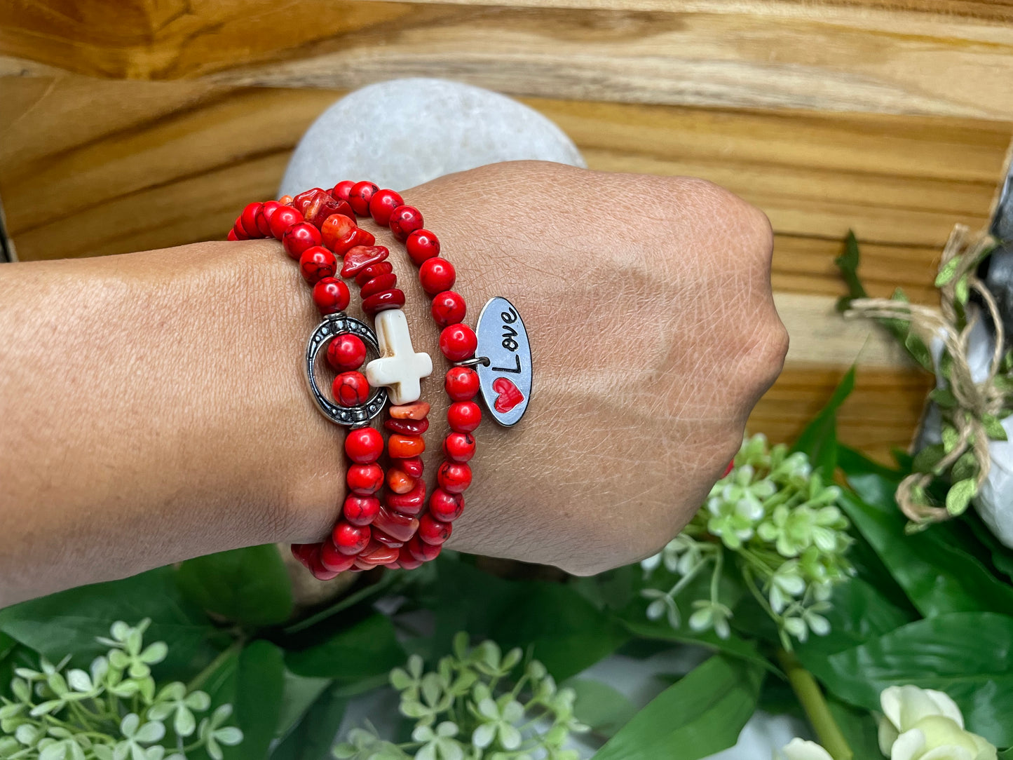 Red Bamboo Coral Chips, w/Reconstituted White Cross Stone, Healing Bracelet.