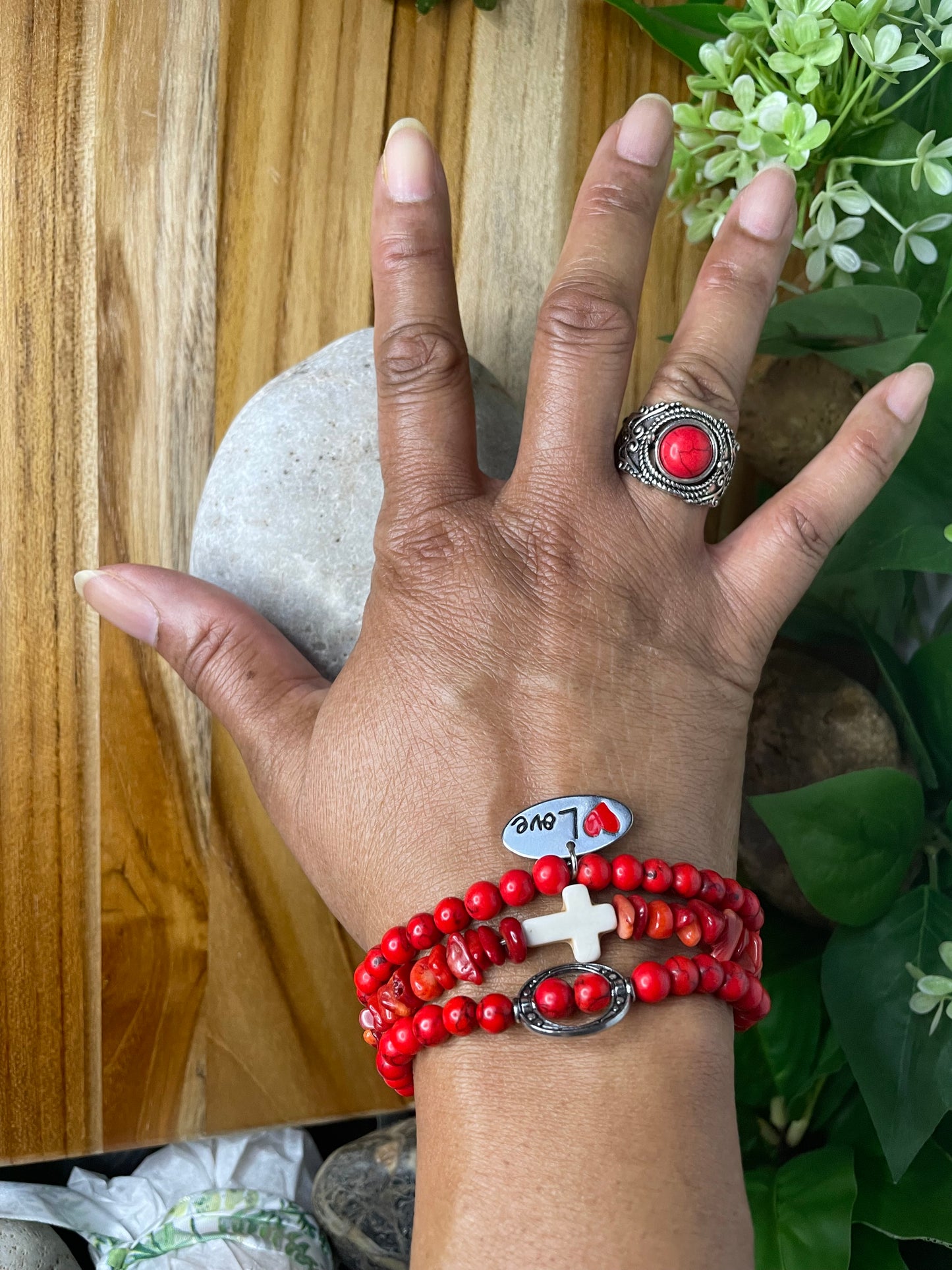 Red Bamboo Coral w/Love Charm, Healing Bracelet.
