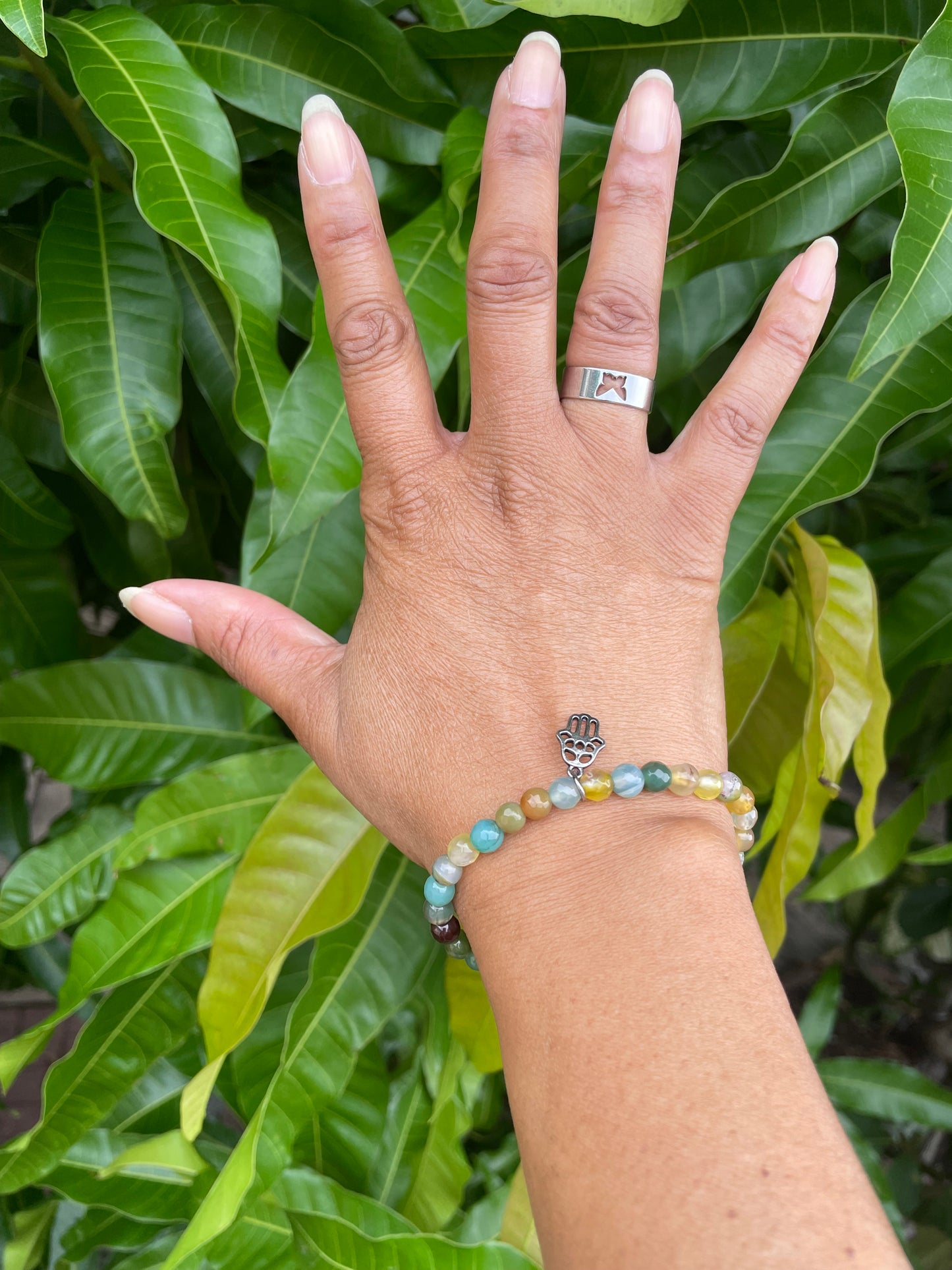 Agate, Color Stones w/Hamsa Hand  Healing Bracelet.