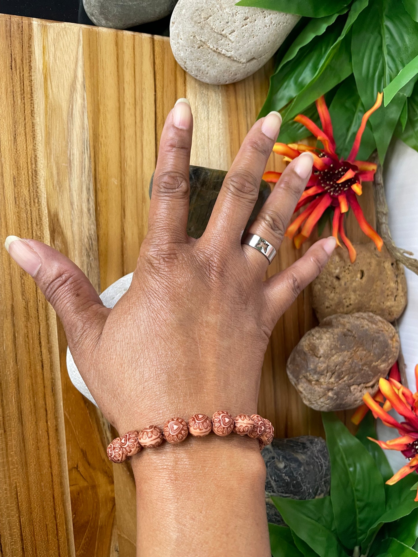 Amber Wood w/Hearts Healing Bracelet.