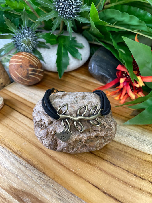 Branch w/ Singing Bird, Black Suede Metal Inspirational  Bracelet.