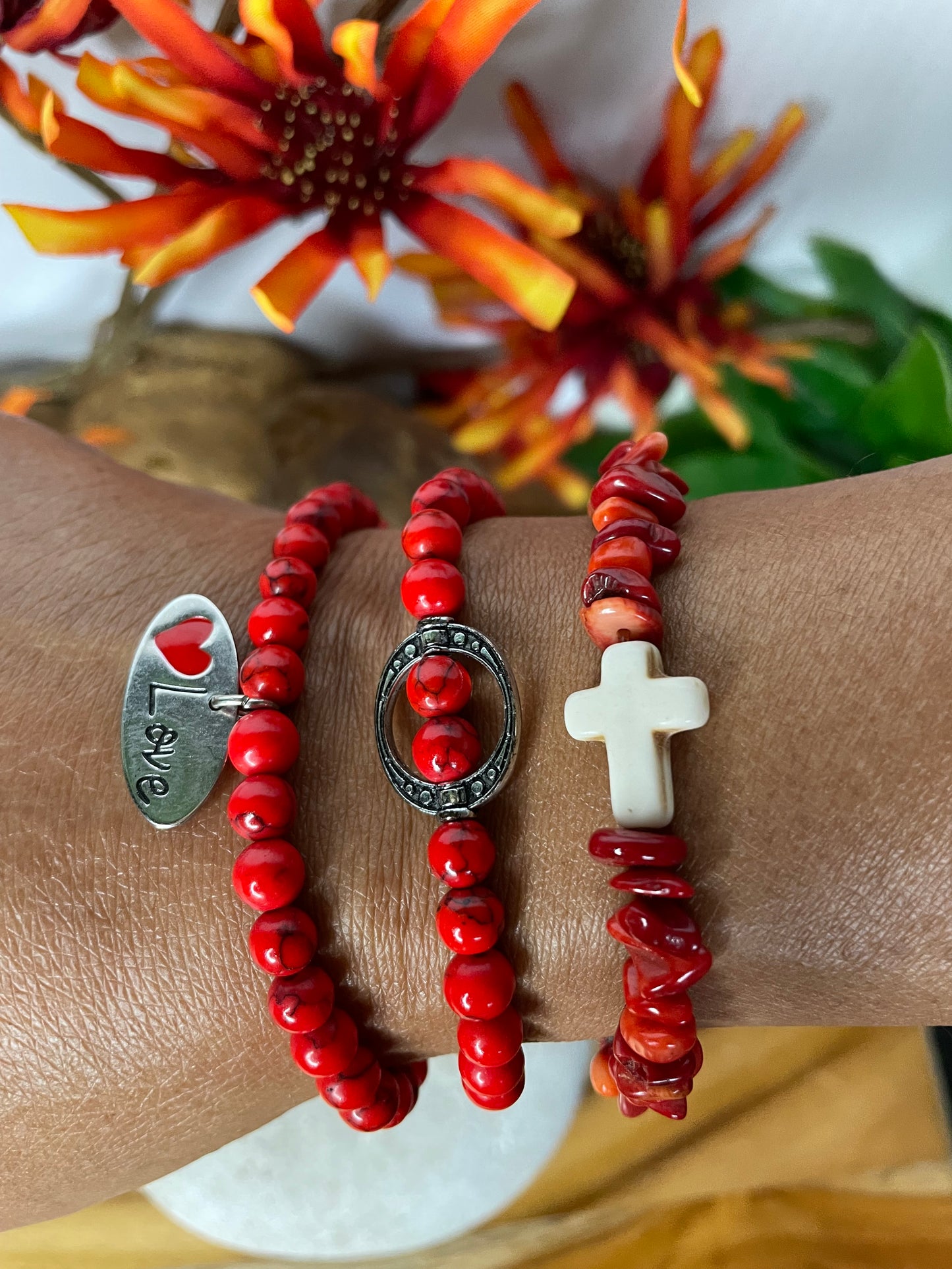 Red Bamboo Coral w/Love Charm, Healing Bracelet.