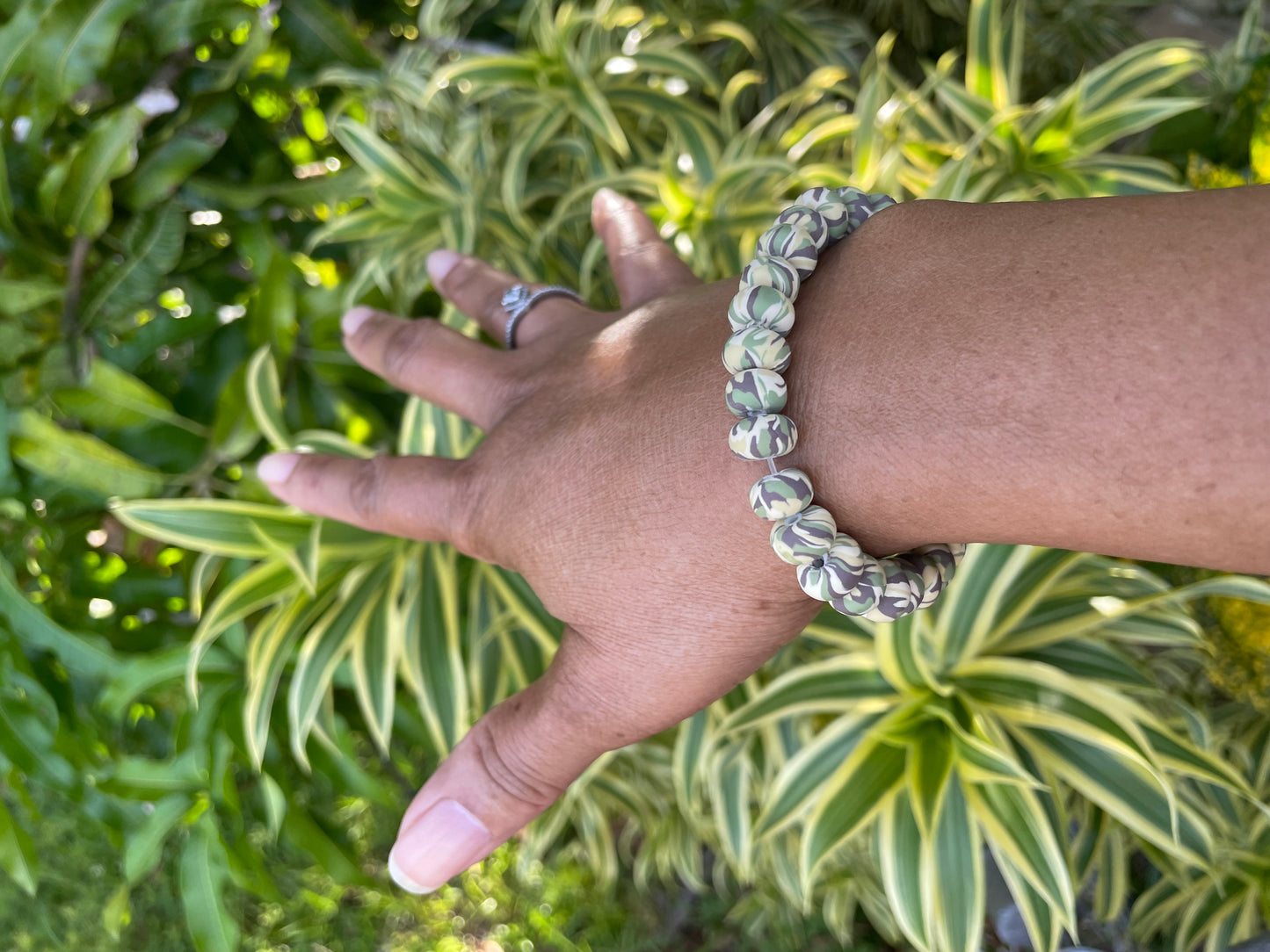 Clay, Light Green Camouflage Rondelle, Healing Bracelet.