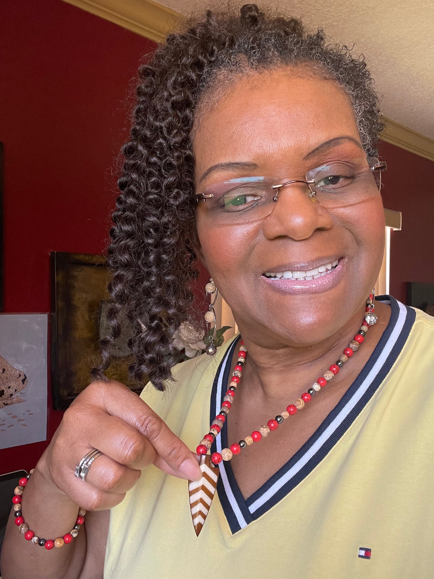 Red Bamboo, Jasper & Hematite Stones, w/ Batik Bone Spear, Healing Jewelry