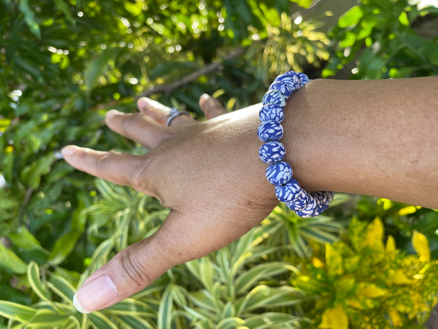 Clay, Blue & White Camouflage Rondelle, Healing Bracelet.