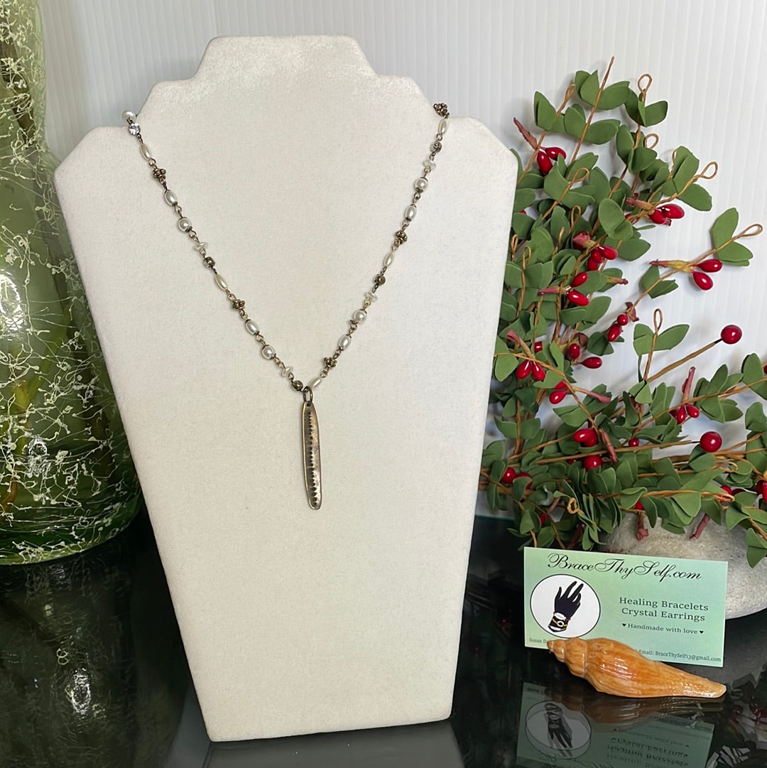 Leaf w/Clear Stones & White Beads, Antique Metal Necklace.