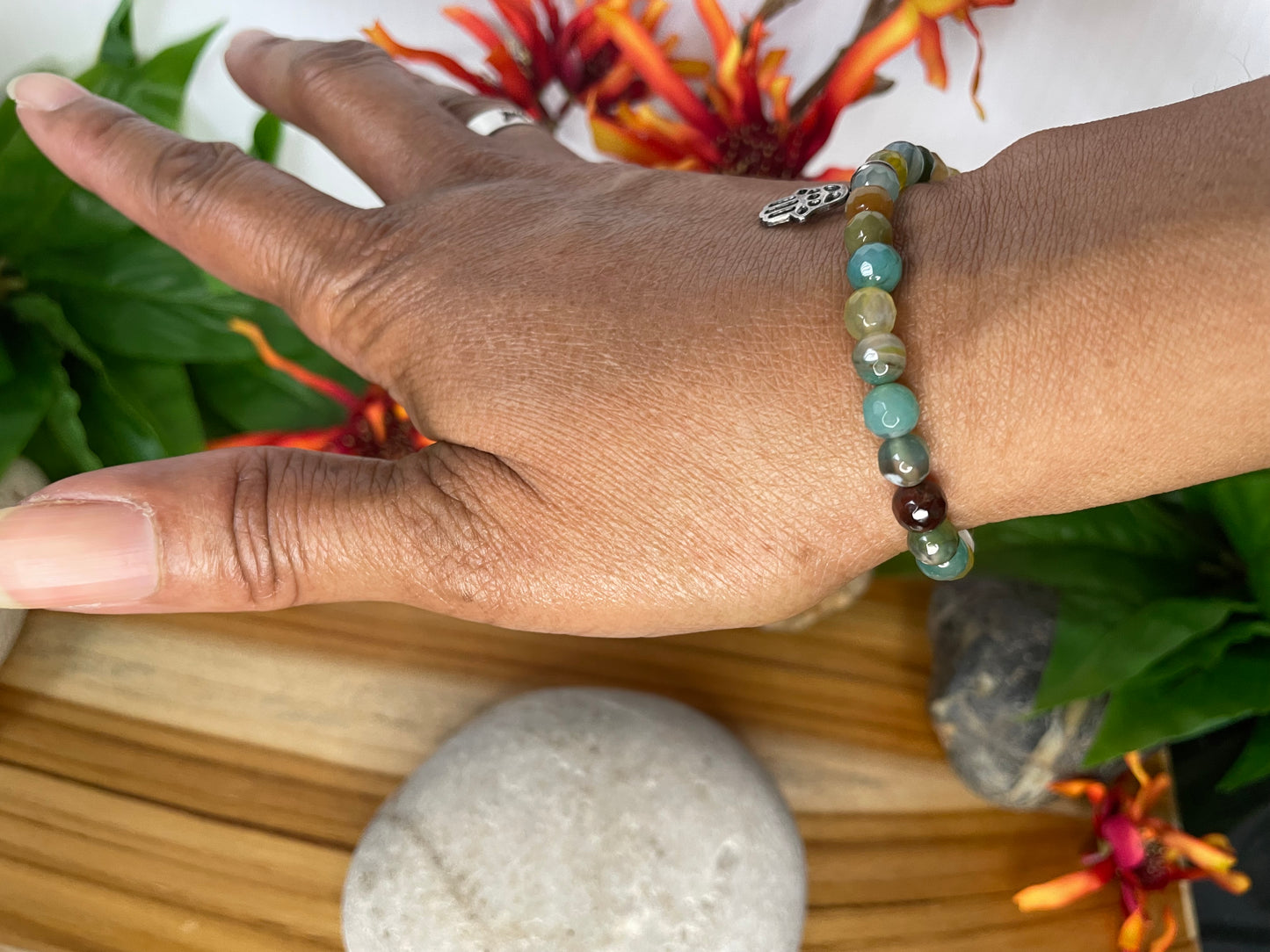 Agate, Color Stones w/Hamsa Hand  Healing Bracelet.