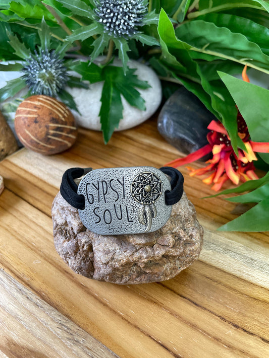 Gypsy Soul, Black Suede Metal Inspirational Quoted Bracelet.