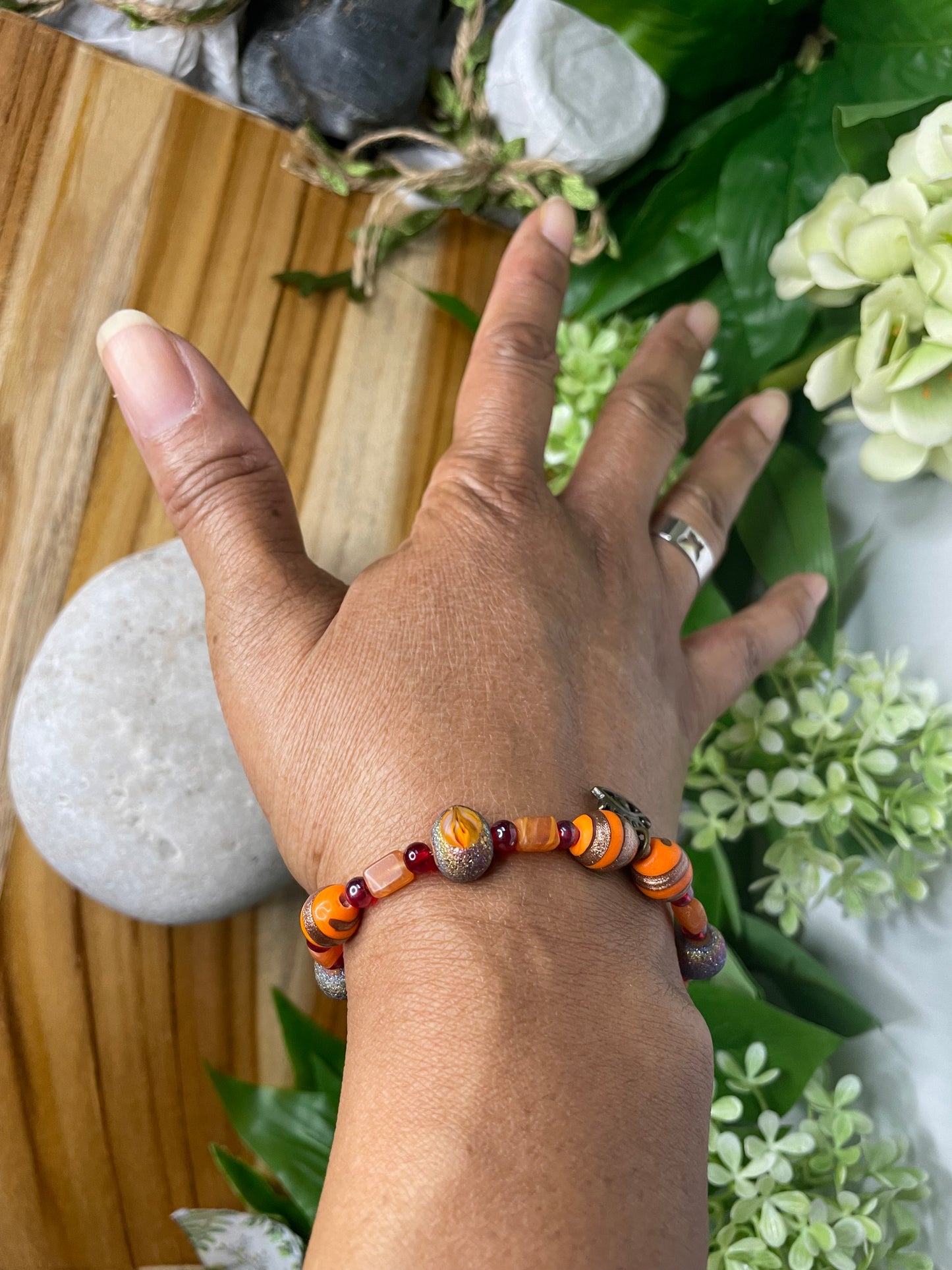 Vibrant Orange Stones w/Evil Eye, Healing Bracelet.