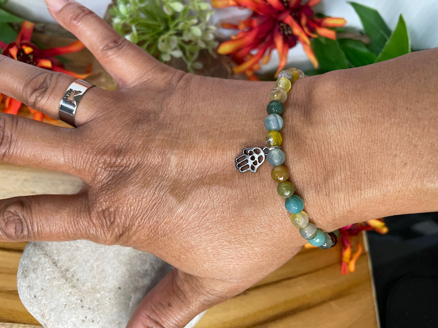 Agate, Color Stones w/Hamsa Hand  Healing Bracelet.