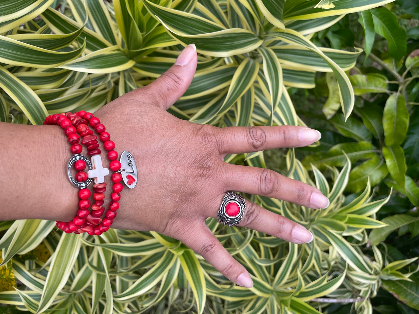 Red Bamboo Coral Chips, w/Reconstituted White Cross Stone, Healing Bracelet.