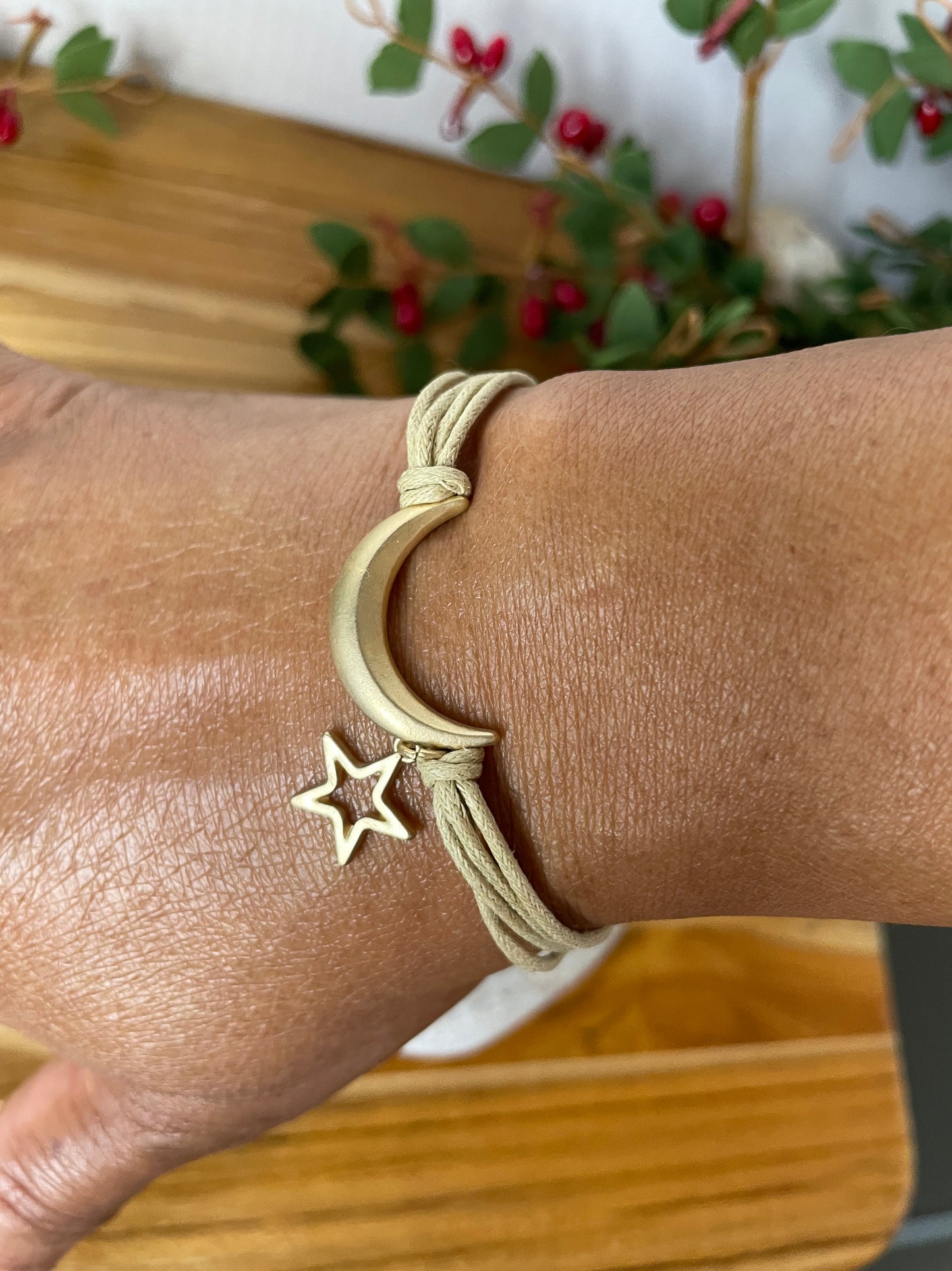 Moon & Star, Beige Hemp,  Gold Metal Inspirational Bracelet.