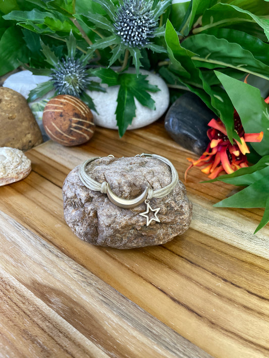 Moon & Star, Beige Hemp,  Gold Metal Inspirational Bracelet.