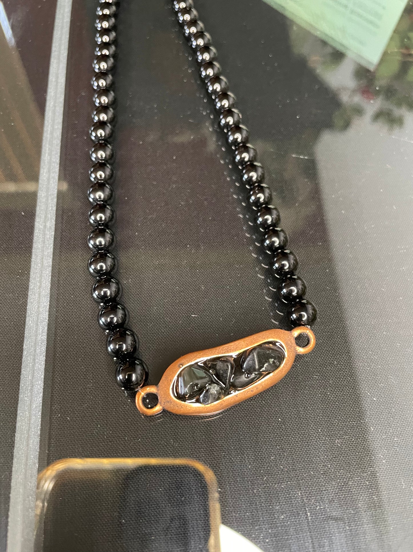 Jasper Stone Chocker w/Antique Copper Plate w/Black Obsidian Stones, Healing Necklace.