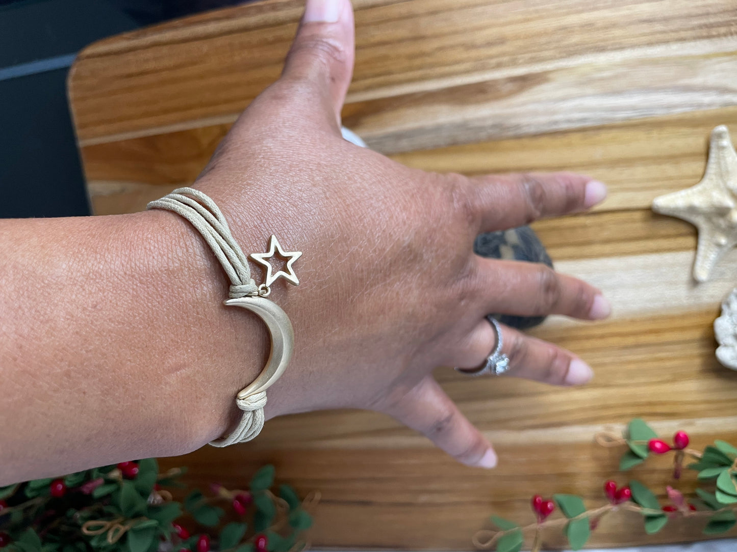 Moon & Star, Beige Hemp,  Gold Metal Inspirational Bracelet.