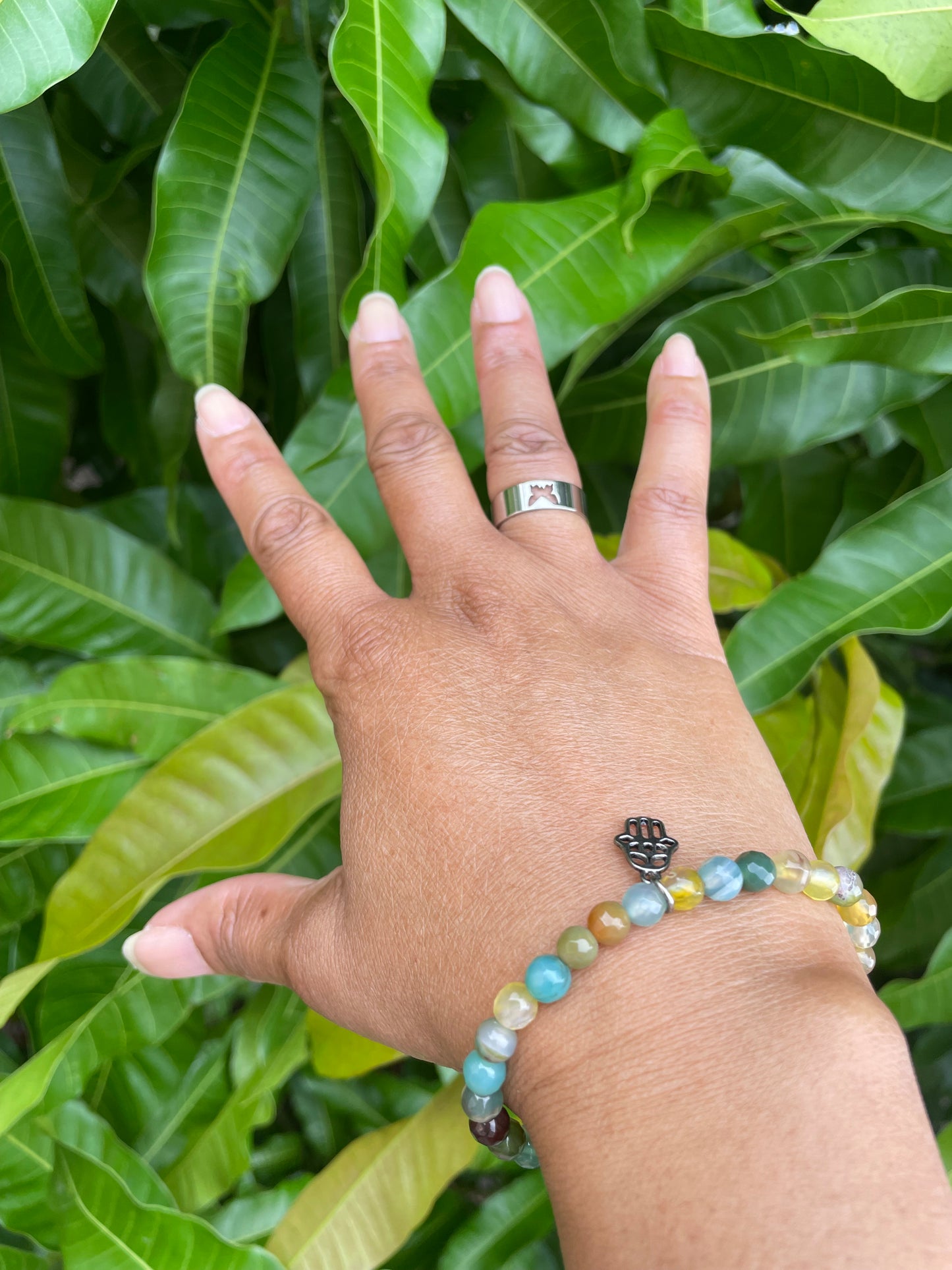 Agate, Color Stones w/Hamsa Hand  Healing Bracelet.