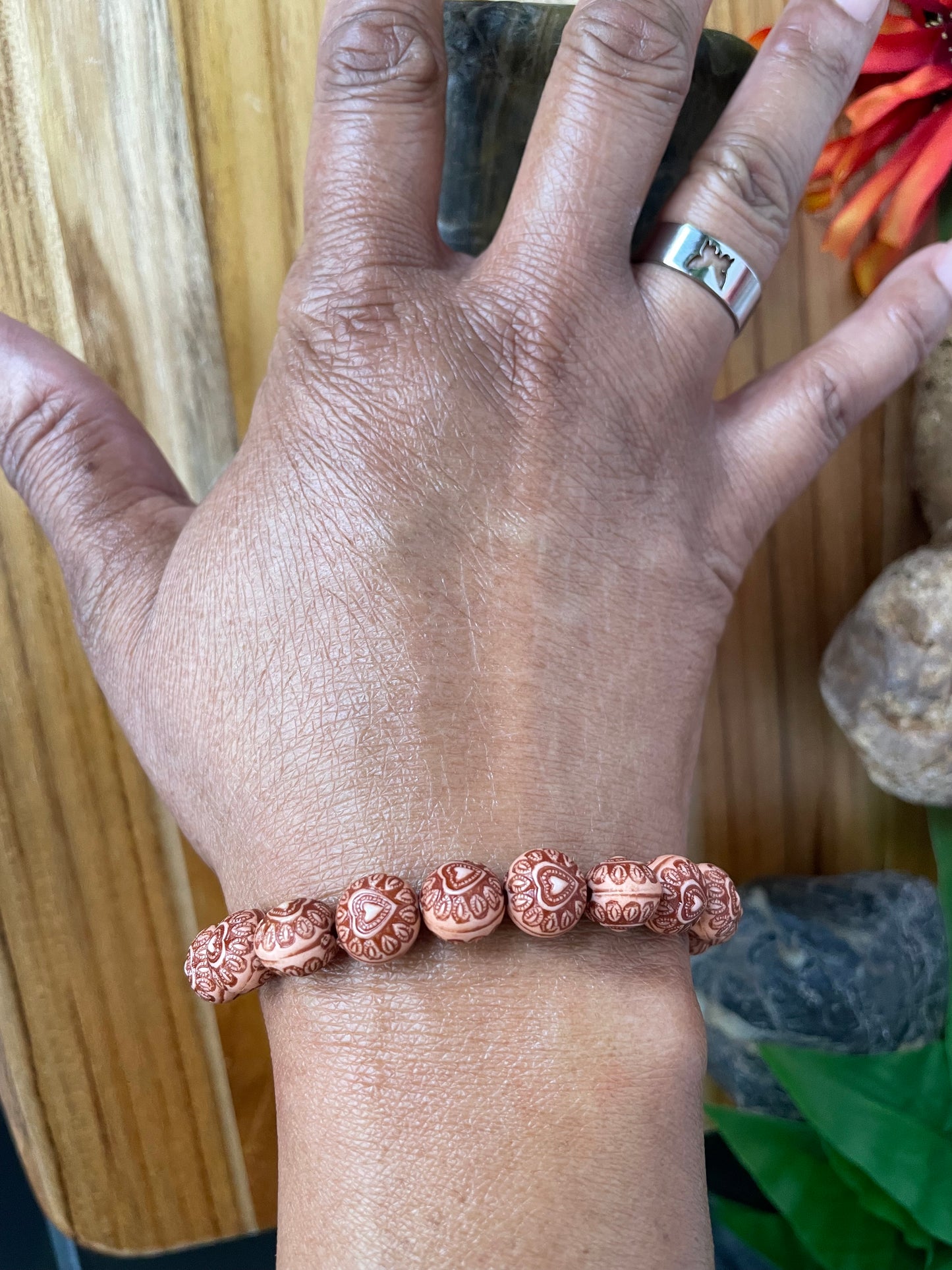 Amber Wood w/Hearts Healing Bracelet.