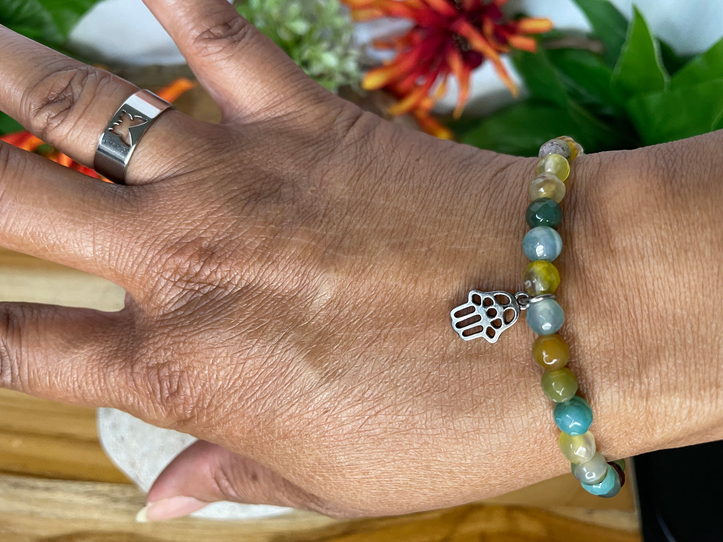 Agate, Color Stones w/Hamsa Hand  Healing Bracelet.