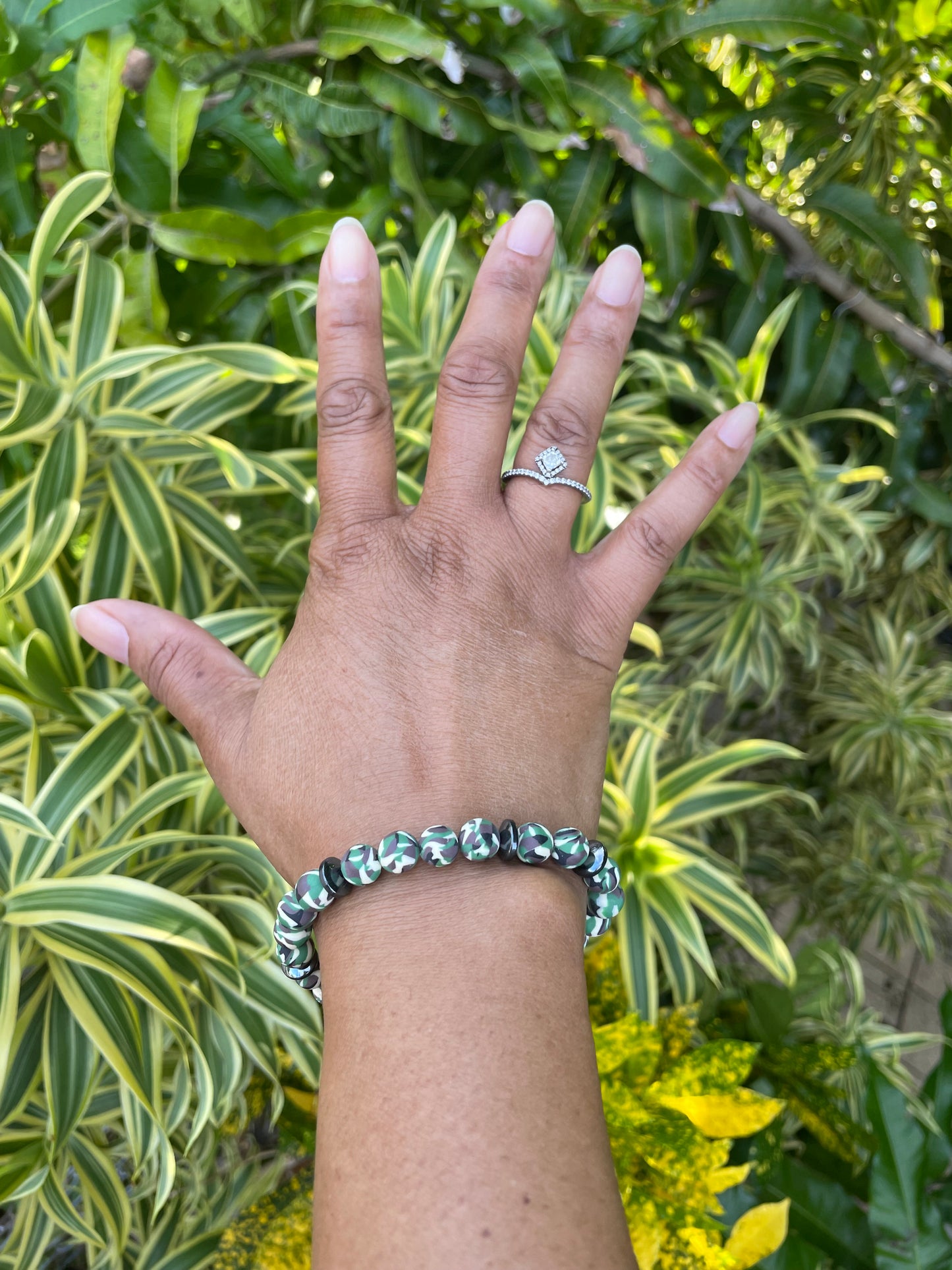 Clay, Green Camouflage w/Hematite Stones, Healing Bracelet.