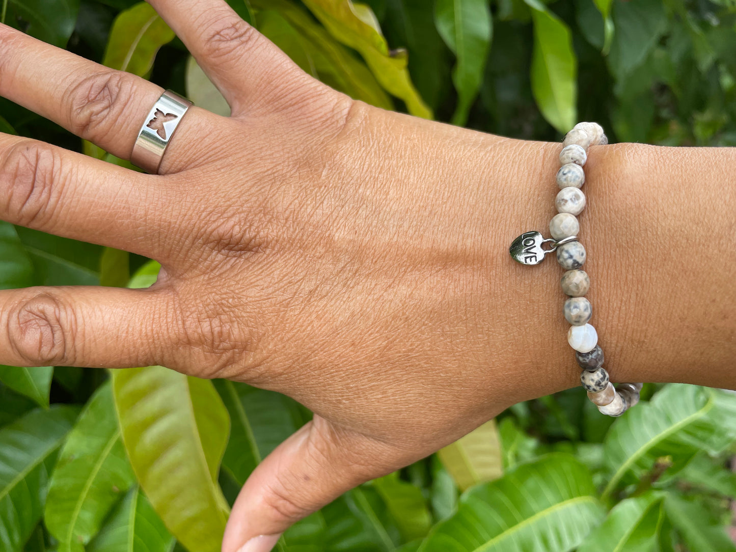 Agate, Beige & Grey Stones w/Heart Healing Bracelet.