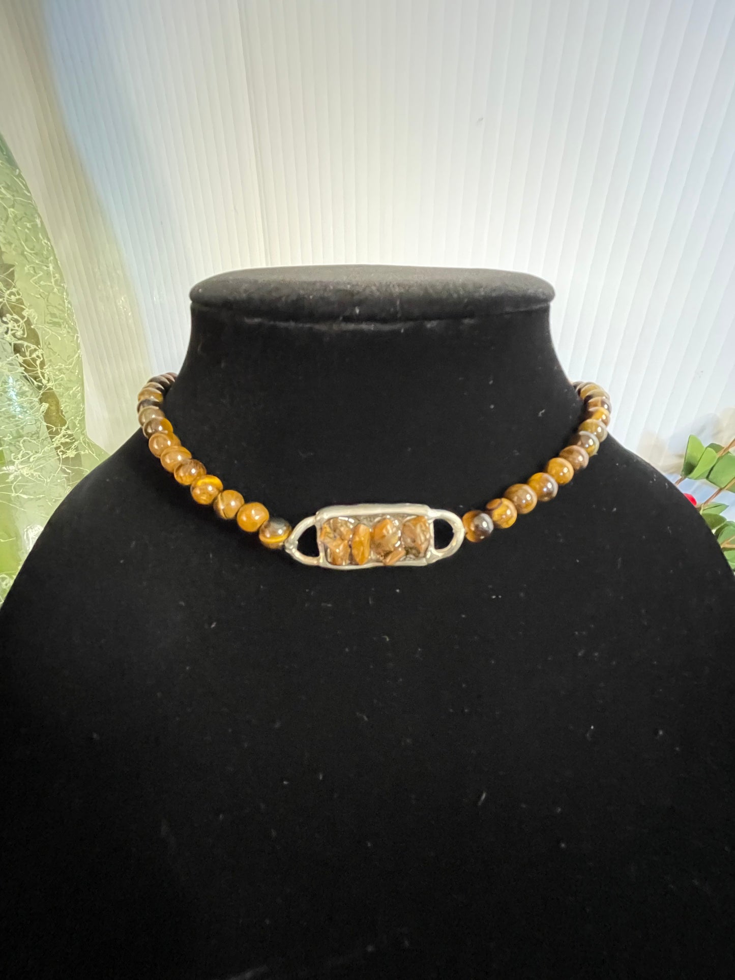 Tiger Eye Chocker w/Antique Silver Plate, Healing Necklace.