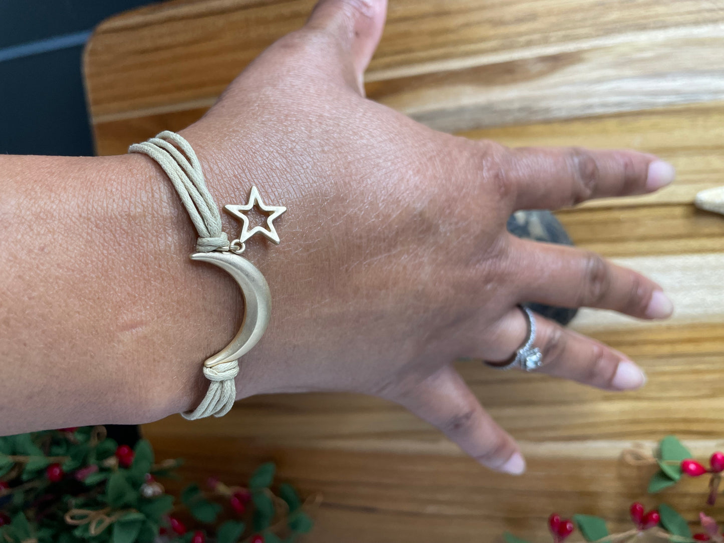 Moon & Star, Beige Hemp,  Gold Metal Inspirational Bracelet.