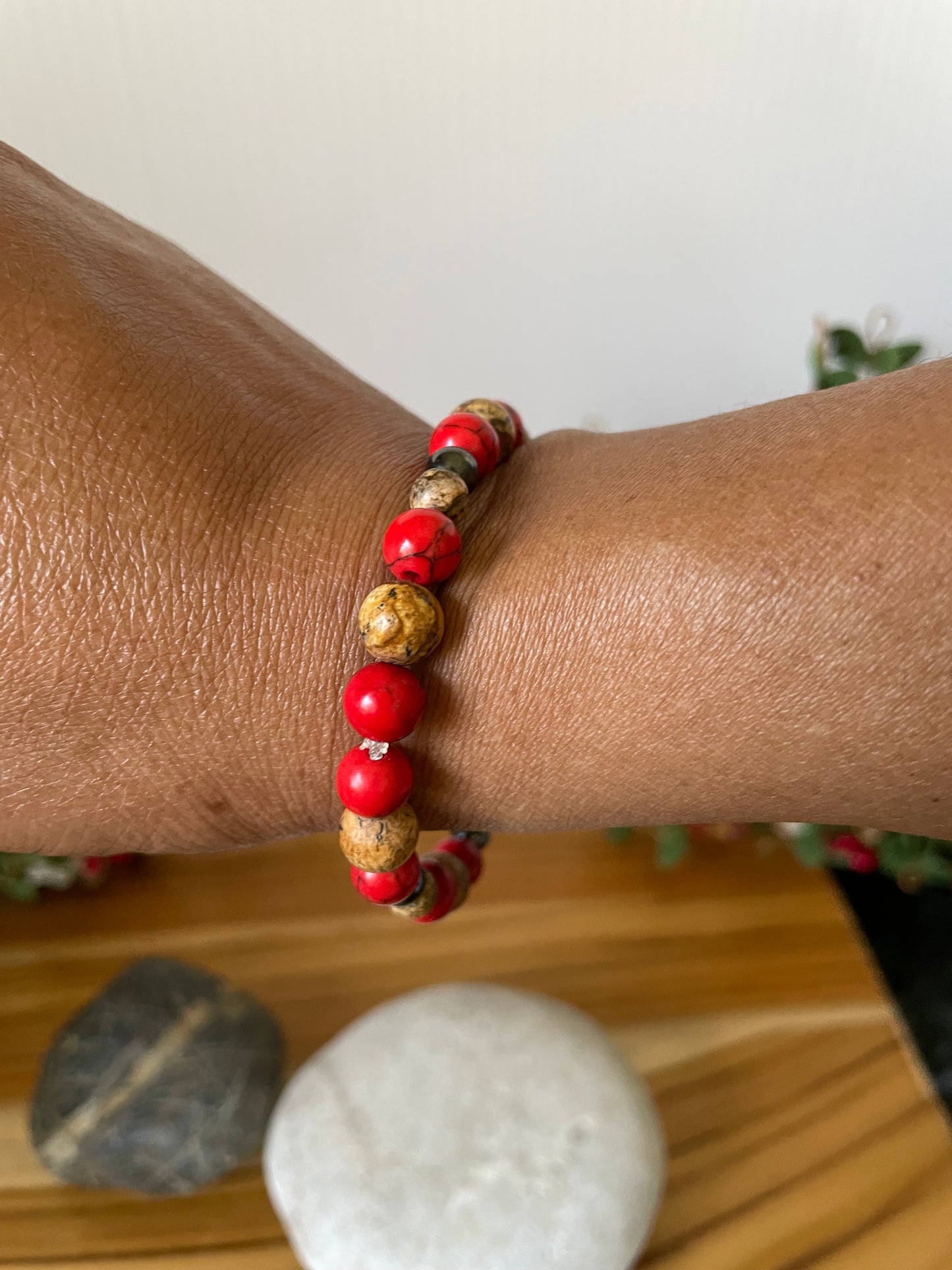 Red Bamboo, Jasper & Hematite Stones, w/ Batik Bone Spear, Healing Jewelry