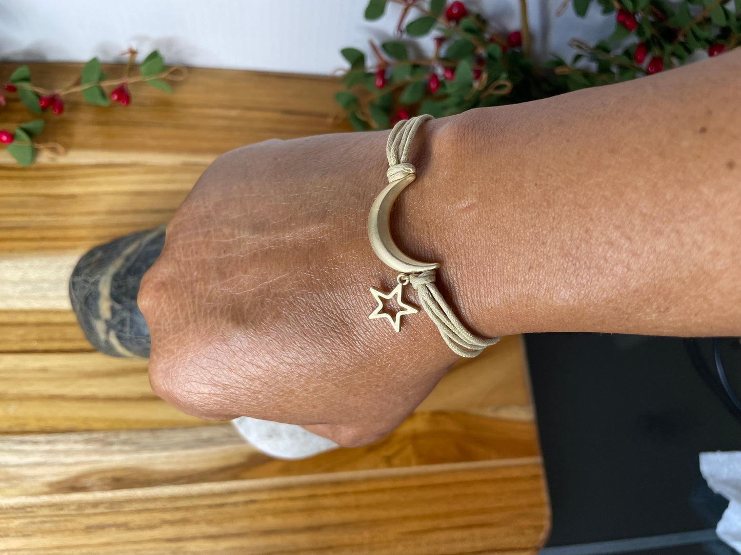 Moon & Star, Beige Hemp,  Gold Metal Inspirational Bracelet.