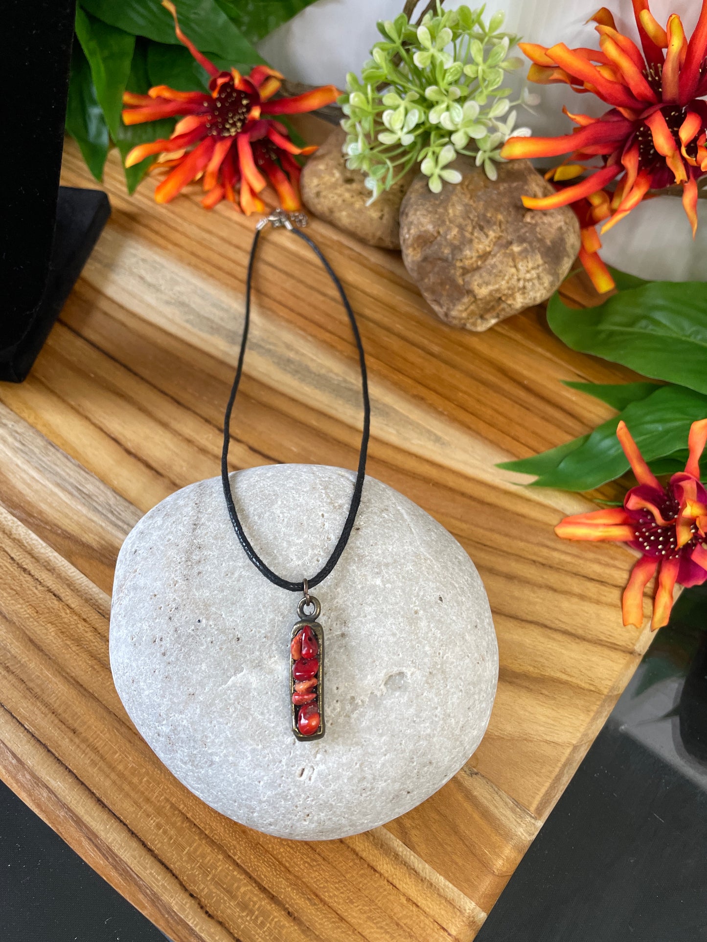 Red Bamboo Coral, Antique Copper Plated Necklace.