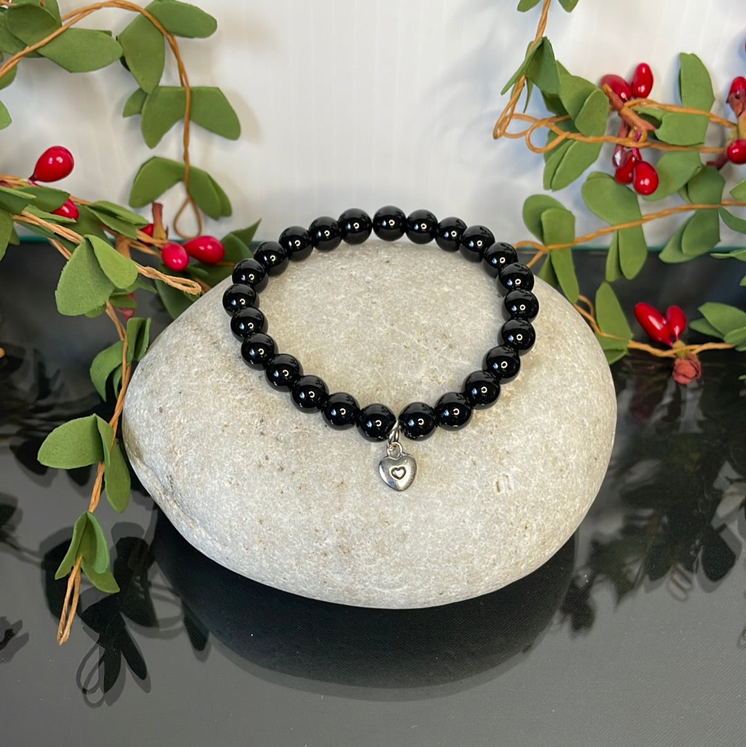 Jasper Black w/Heart “Love” Healing Bracelet.