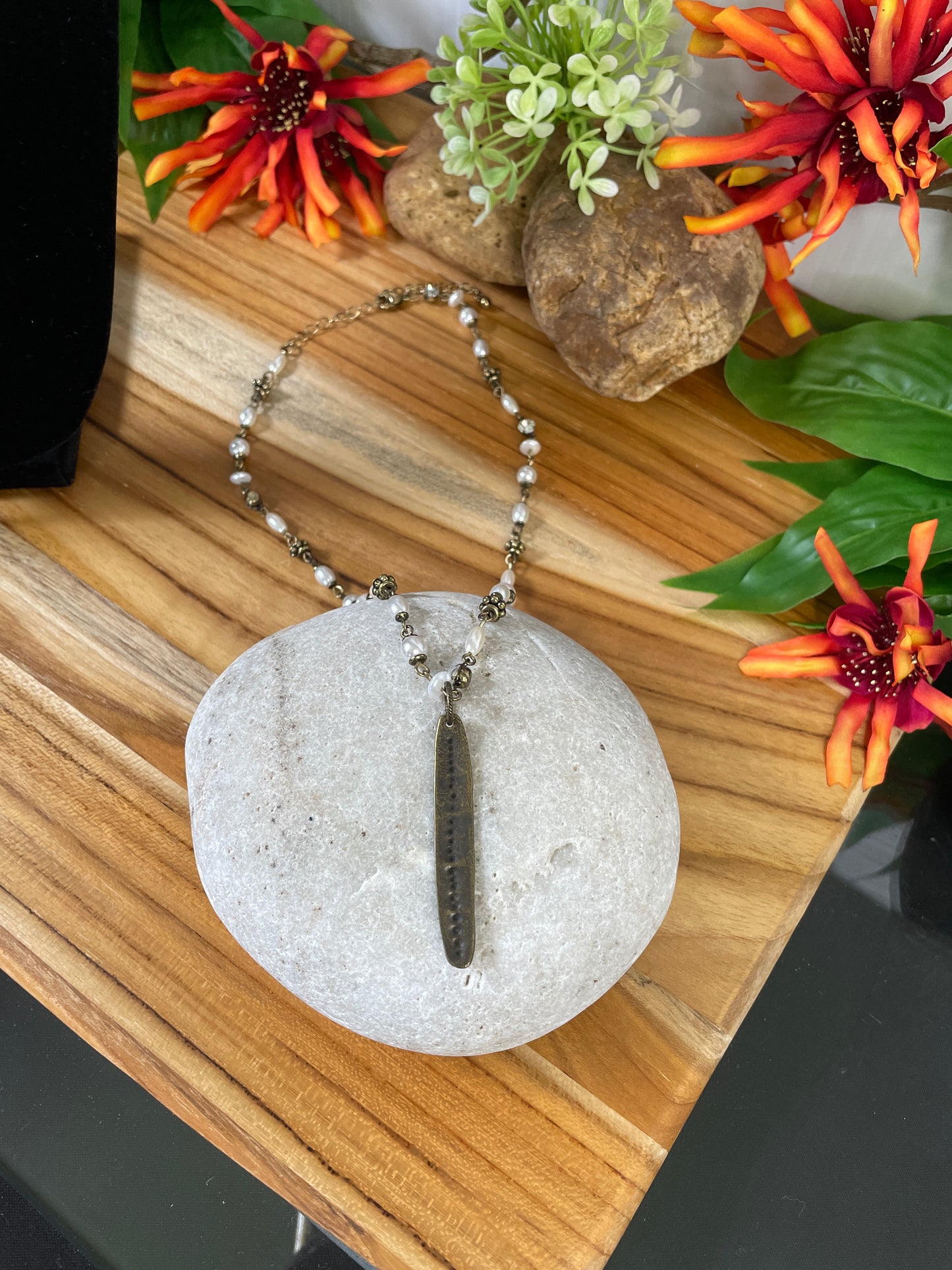 Leaf w/Clear Stones & White Beads, Antique Metal Necklace.