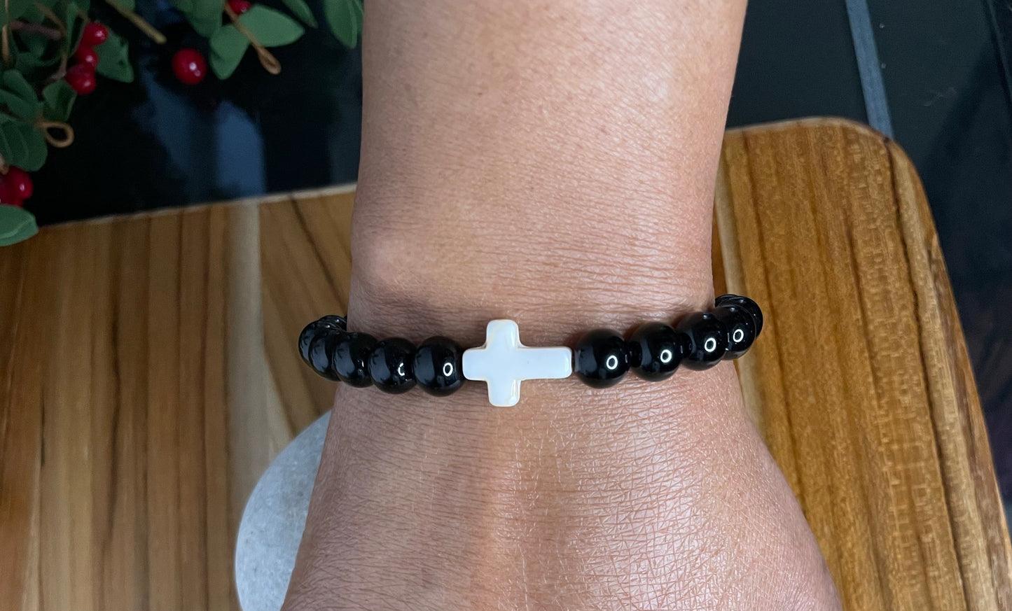 Jasper Black w/Reconstituted White Cross Stone, Healing Bracelet.