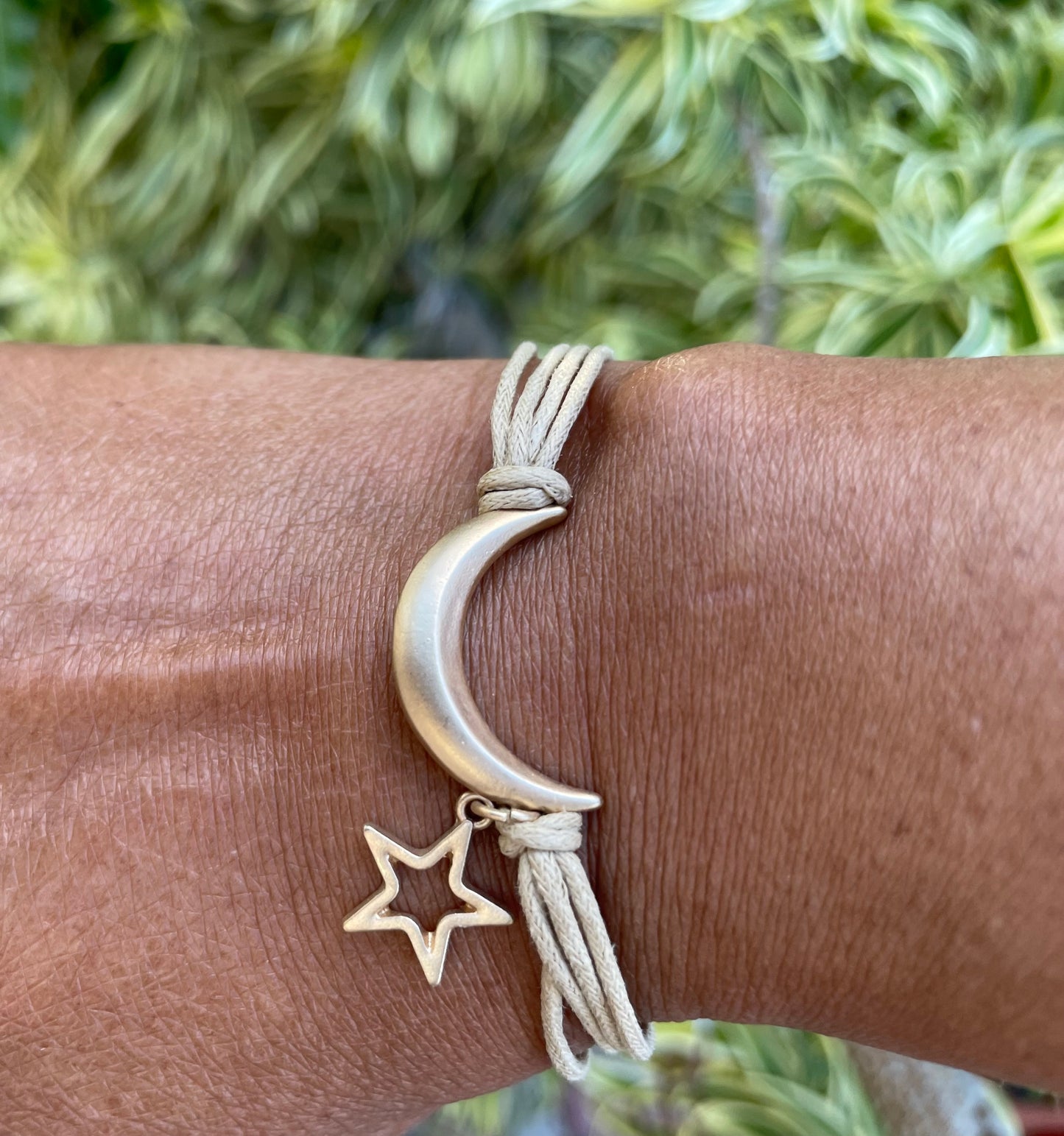 Moon & Star, Beige Hemp,  Gold Metal Inspirational Bracelet.