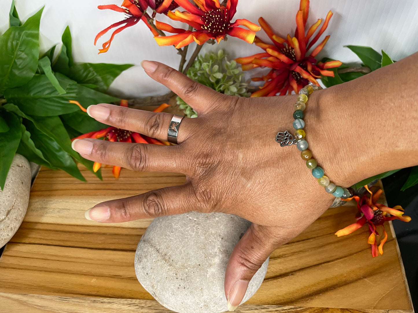 Agate, Color Stones w/Hamsa Hand  Healing Bracelet.