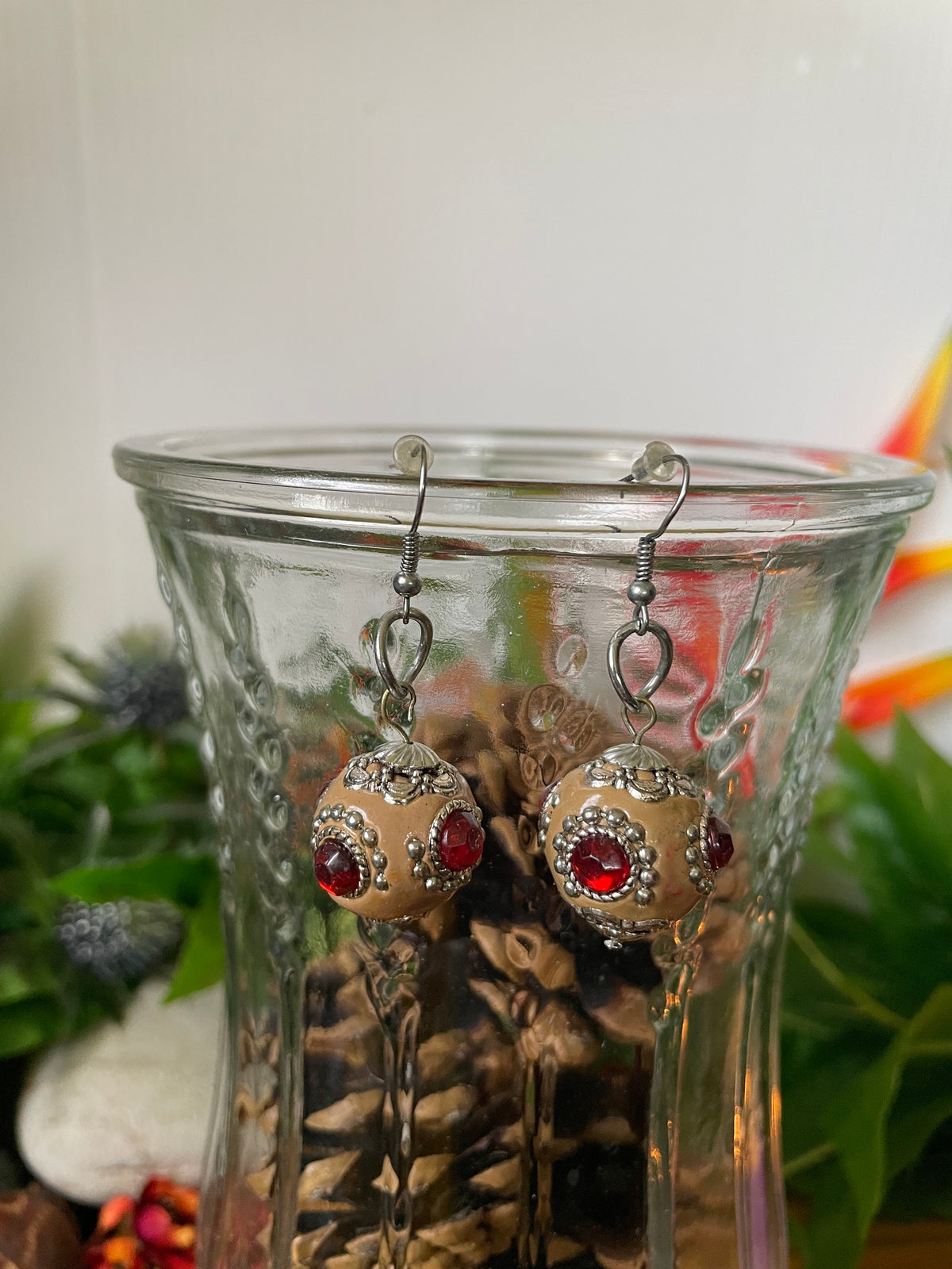 Dark Beige & Silver Chun Ball w/Ruby Stones, Earrings